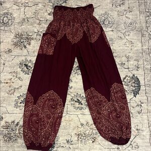 Paisley Elastic-Waist Maroon Harem Joggers